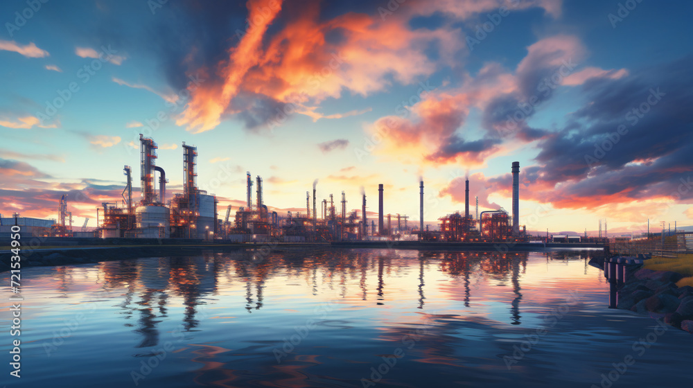 Oil and gas refinery plant area at sunrise