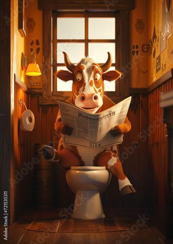 cow sitting ton toilet reading newspaper