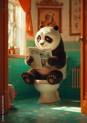 panda sitting ton toilet reading newspaper