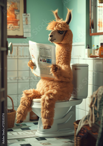 alpaca sitting ton toilet reading newspaper