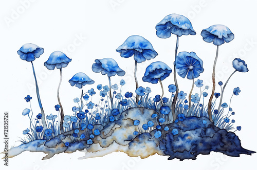 Mystical Blue Mushroom Grove, watercolor fantasy illustration, enchanted forest art, fantasy art for children book, poster, isolated on white background, sticker photo