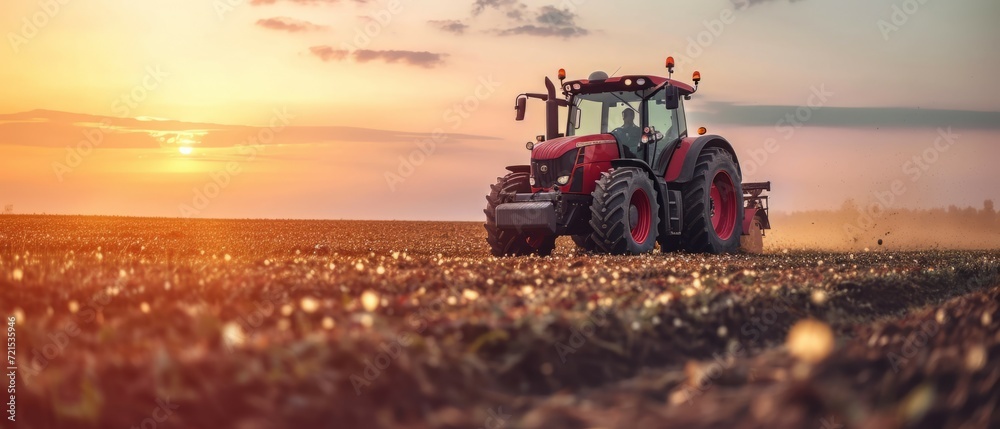 Fototapeta premium A farmer in a tractors and harvester working in the field to prepares the ground . Agriculture concept suitable for production. A tractor on a soybean farm in the spring sunset. generative ai