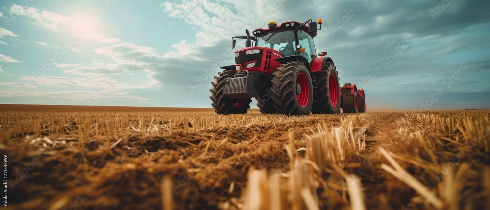 Obraz premium A farmer in a tractors and harvester working in the field to prepares the ground . Agriculture concept suitable for production. A tractor on a soybean farm in the spring sunset. generative ai