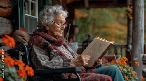 An elderly woman reads a book while sitting in a wheelchair on the veranda of...
