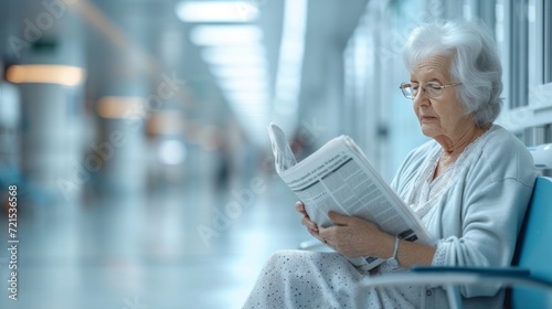An elderly woman reads a book while sitting in a wheelchair on the veranda of...