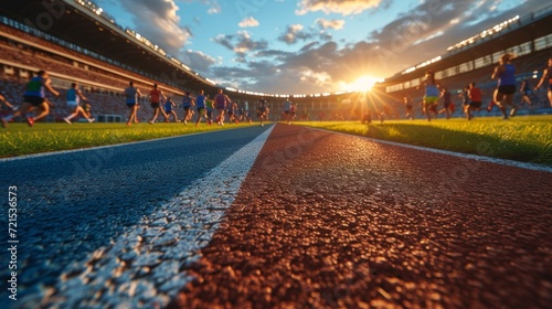 Athletes runners run up to the finish line at the stadium