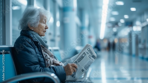 An elderly woman reads a book while sitting in a wheelchair on the veranda of...