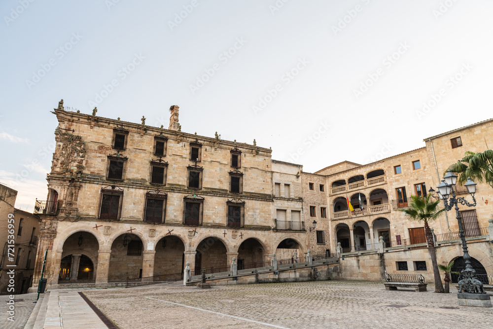 Wide-angle view of the beautiful Renaissance Plaza Mayor square in Trujillo, Extremadura