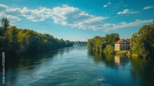 Beautiful background with a water hydro station on the river. Sunny summer day