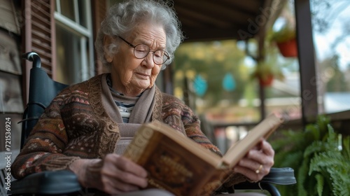 An elderly woman reads a book while sitting in a wheelchair on the veranda of...