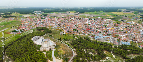 Aerial view of the Spanish town of Íscar in Valladolid, with its famous castle in the foreground.