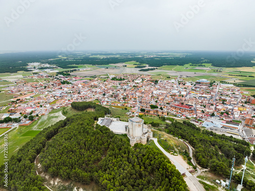 Aerial view of the Spanish town of Íscar in Valladolid, with its famous castle in the foreground. photo