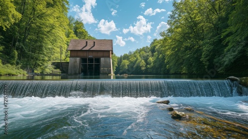 Beautiful background with a water hydro station on the river. Sunny summer day