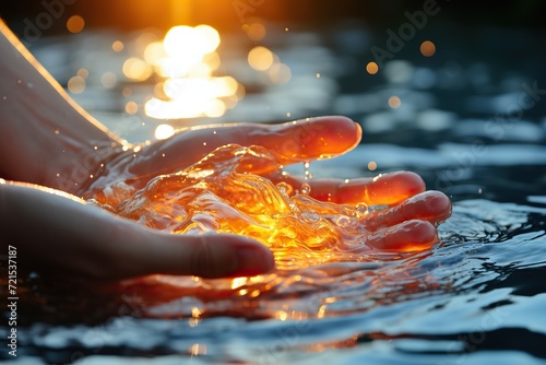 Hand caresses water surface, reflecting the fiery glow of the setting sun