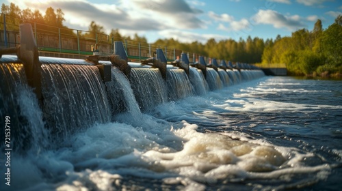 Beautiful background with a water hydro station on the river. Sunny summer day