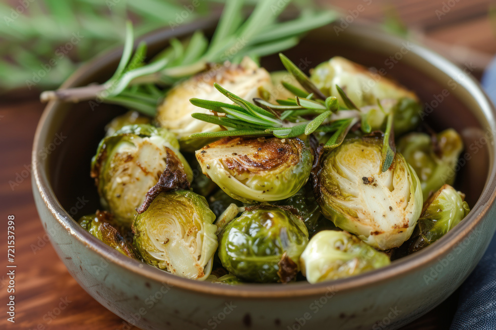 Gourmet Roasted Brussels Sprouts with Fresh Rosemary in a Rustic Bowl. Gourmet Roasted Brussels Sprouts with Fresh Rosemary in a Rustic Bowl.