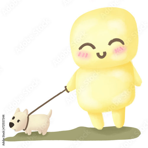 Cartoon puppy with a toy walk on the floor 