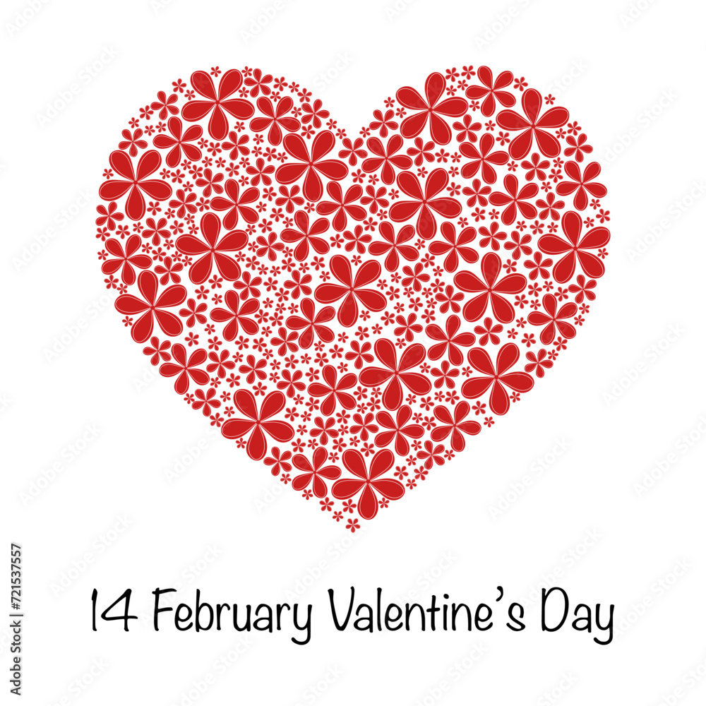 14 February Valentine’s Day - Schriftzug in englischer Sprache - 14. Februar Valentinstag Grußkarte mit einem Herz aus roten Blumen. 14 February Valentine’s Day - Schriftzug in englischer Sprache - 14. Februar Valentinstag Grußkarte mit einem Herz aus roten Blumen.