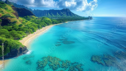Aerial view of Hawaii beach with green mountains and blue ocean