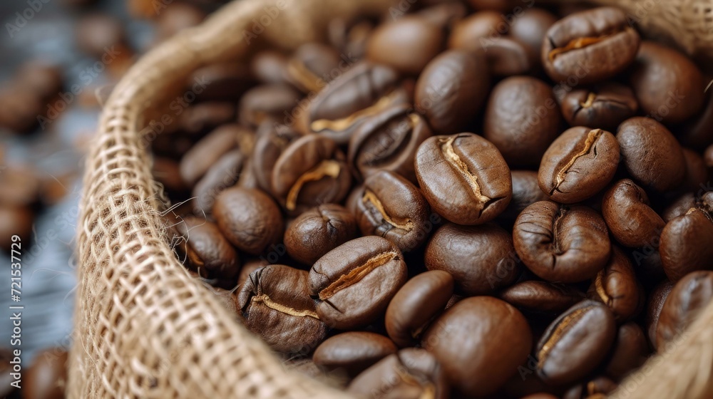 Fototapeta premium Close-up of roasted coffee beans spilling out of a burlap sack