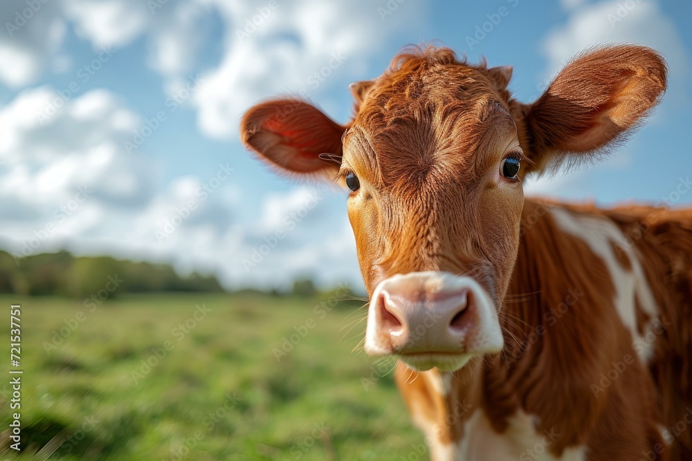 A close-up of a curious cow looking at the camera