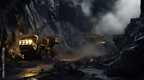 Part of a coal mine pit with big mining truck