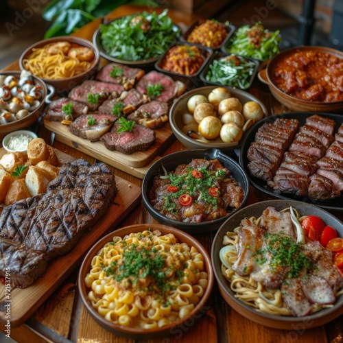 A table full of delicious food, including steak, pasta, and seafood