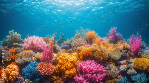 Amazing and beautiful coral reef with many colorful fish swimming around