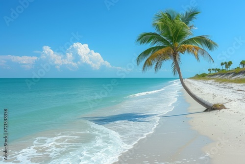 Palm tree on a beach with white sand and blue water