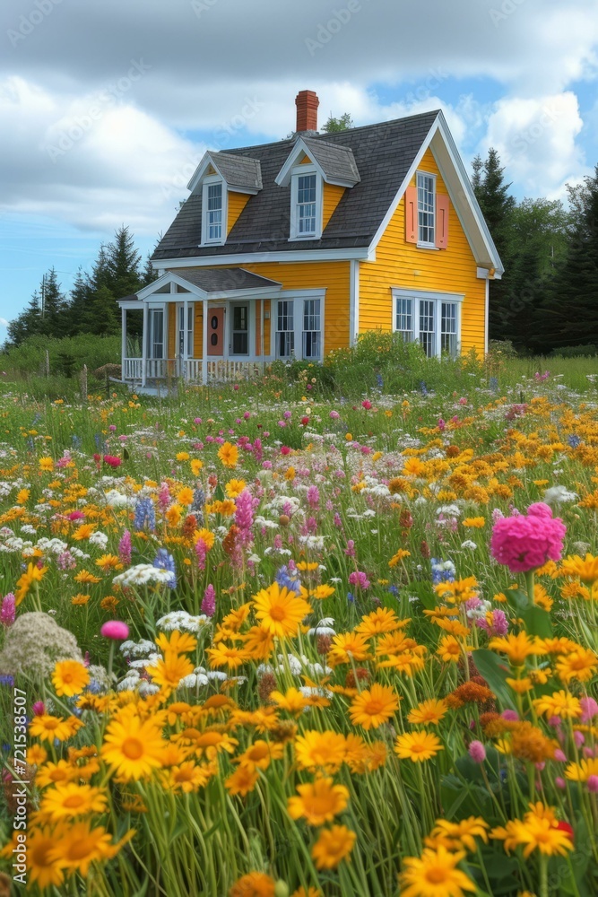 Small yellow cottage house surrounded by a field of colorful flowers