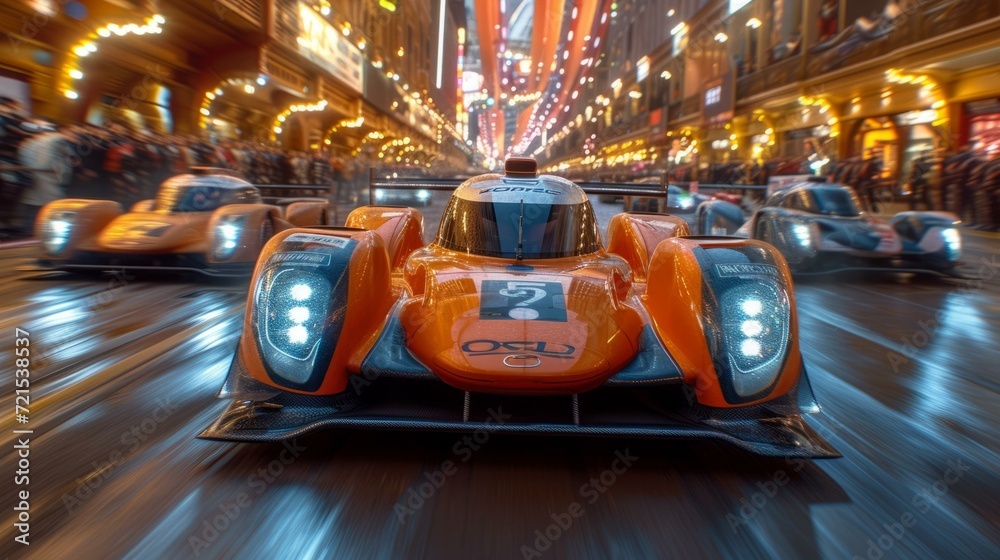 The orange racing car is driving in the rain on the city street with the background blurred