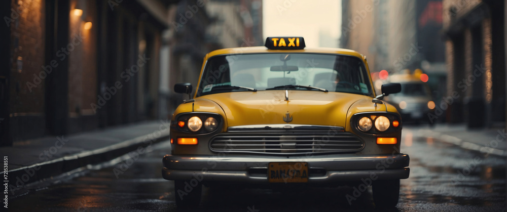 Fototapeta premium taxi car facing the camera, minimalist, deadpan, banal, cool, clinical, urban, iconic, conceptual, subversive, sparse, restrained, symbol