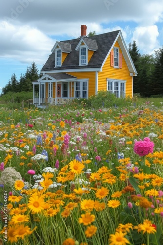 Small yellow cottage house surrounded by a field of colorful flowers