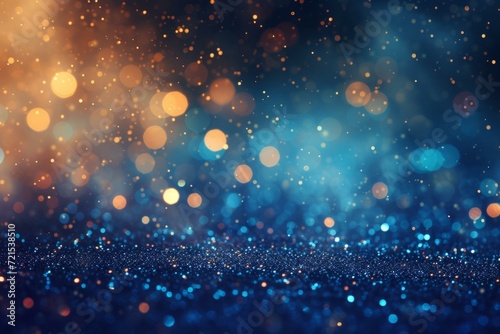 Blue and gold glitter background with shiny lights. Defocused blue and gold lights.