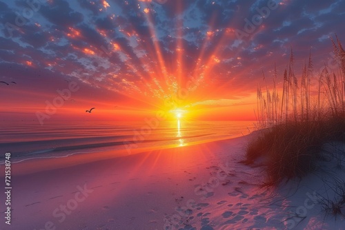 Beach sunset with pink sand and seagulls flying