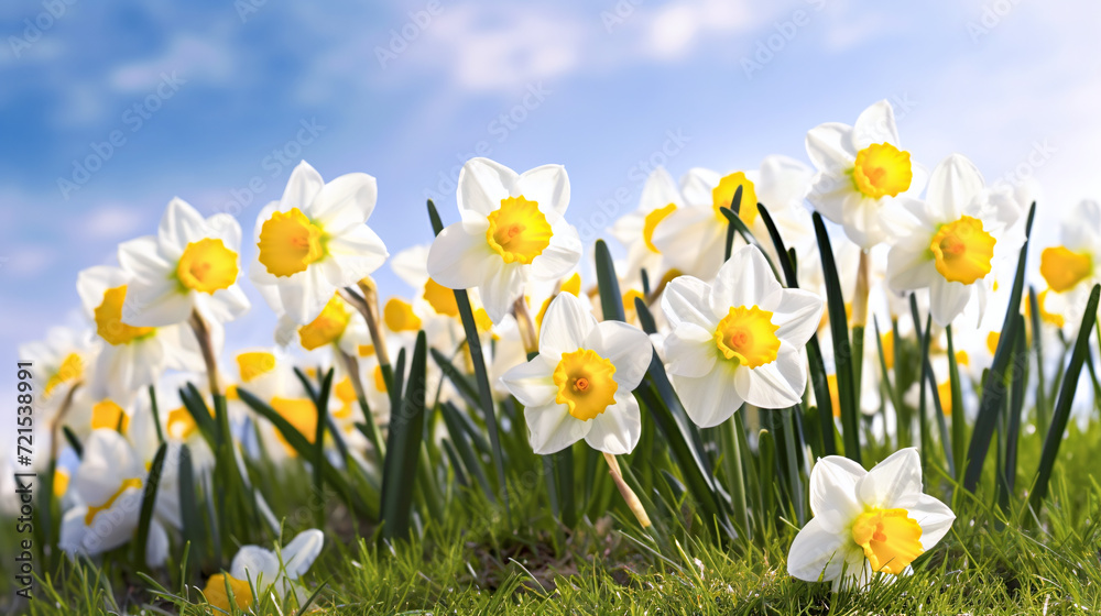 Fototapeta premium field with daffodil flowers in spring under blu sky