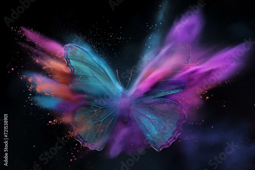 holi powder colorful burst in shape of butterfly on a black background, 3d