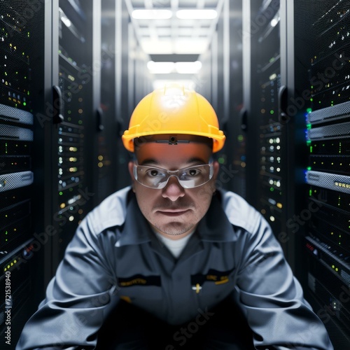 technician wearing hard hat and safety glasses in server room