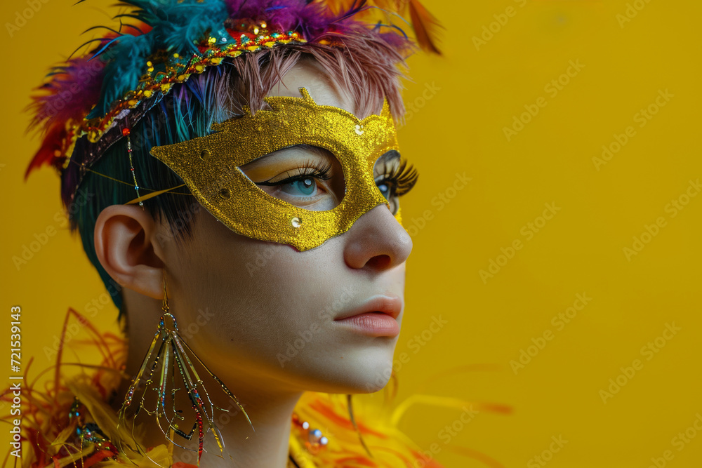 Non binary person in Mardi Gras mask