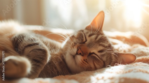 Sunbathing tabby cat, eyes closed in contentment, gentle bokeh illumination