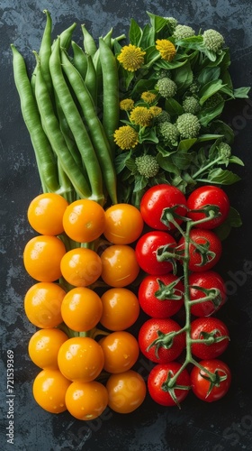 Colorful vegetables. Green beans  yellow tomatoes  and red tomatoes are arranged in a row on a dark background.