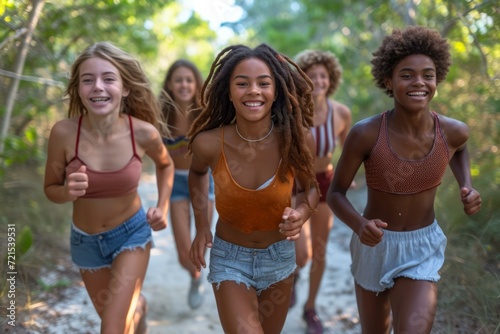 Five multiethnic teenage girls running in a forest