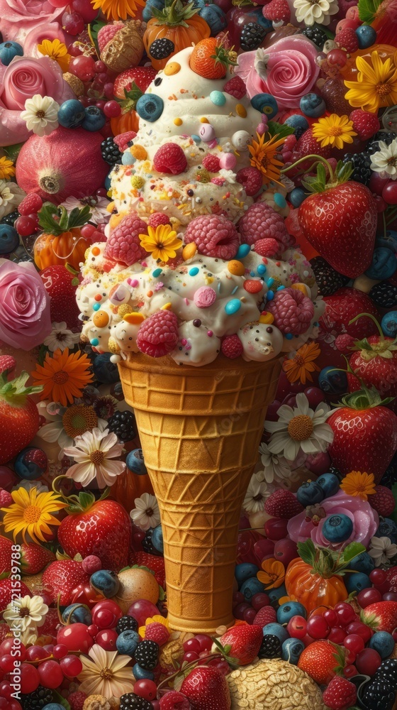 Ice cream cone with flowers, berries, and nuts