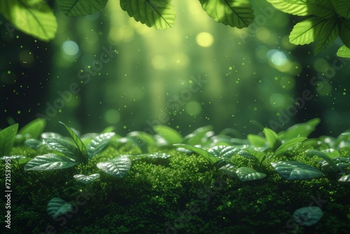 lush green plants growing in a dense forest with rays of sunlight shining through the trees