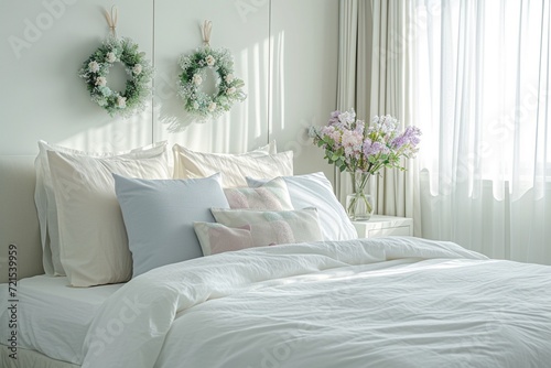 A serene bedroom with a subtle Easter theme, featuring a king-sized bed with crisp white linens and pastel-colored throw pillows. Elegant Easter wreaths hang above the bed