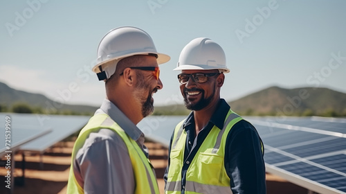 Portrait of electrician engineers in safety helmet and uniform checking solar panels. Group of two engineers at solar station. photo