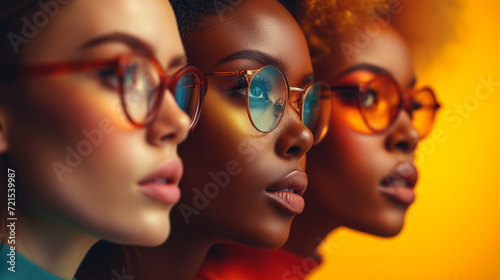 Fashionable trio of afro american women in vibrant glasses, displaying elegance and diversity in a colorful close-up portrait. photo