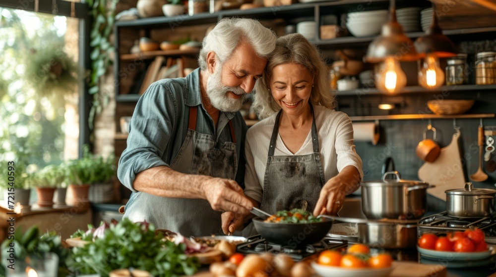 An elderly couple is cooking together in the kitchen.