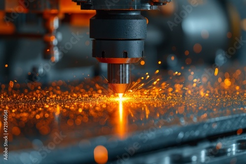 Industrial laser cutting machine cuts metal with sparks photo