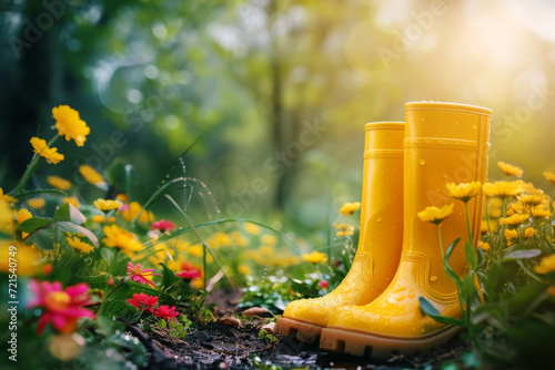 Spring background with yellow rubber boots in garden with blooming flowers